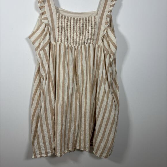 Draper James Smocked Striped Tan White Linen 3X Mini Dress Peasant Milk Maid - Picture 6 of 9